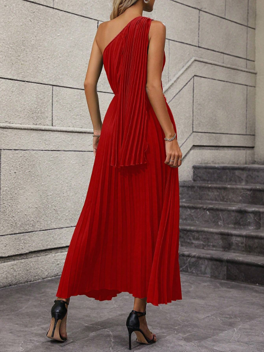 One Shoulder Twist Front Pleated Hem Dress