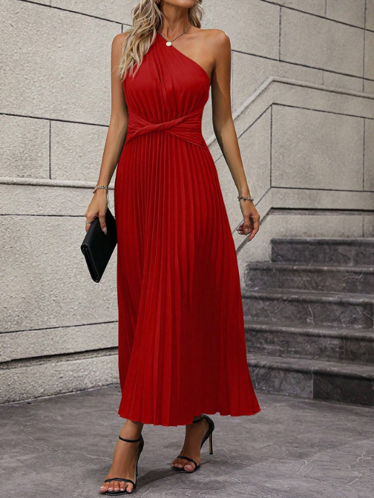 One Shoulder Twist Front Pleated Hem Dress