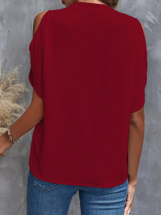 Clasi Spring Solid Cold Shoulder Popover Red Blouse