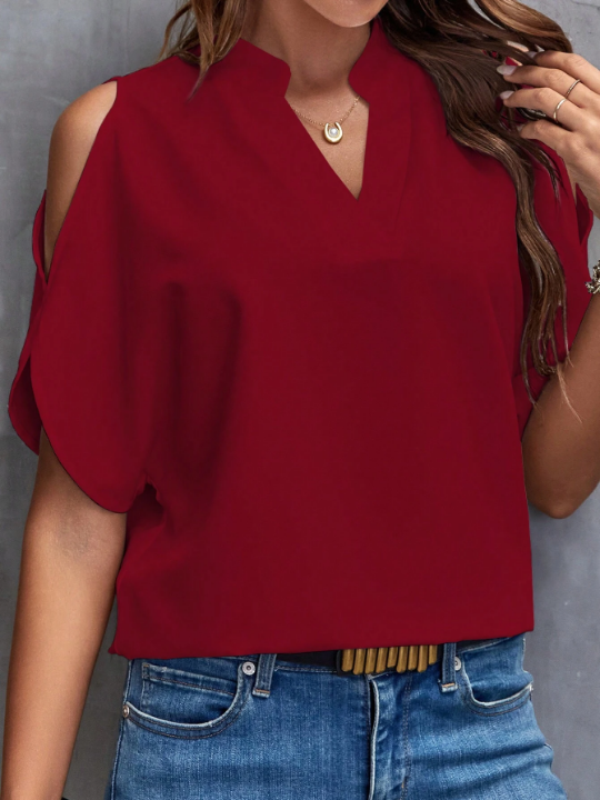 Clasi Spring Solid Cold Shoulder Popover Red Blouse