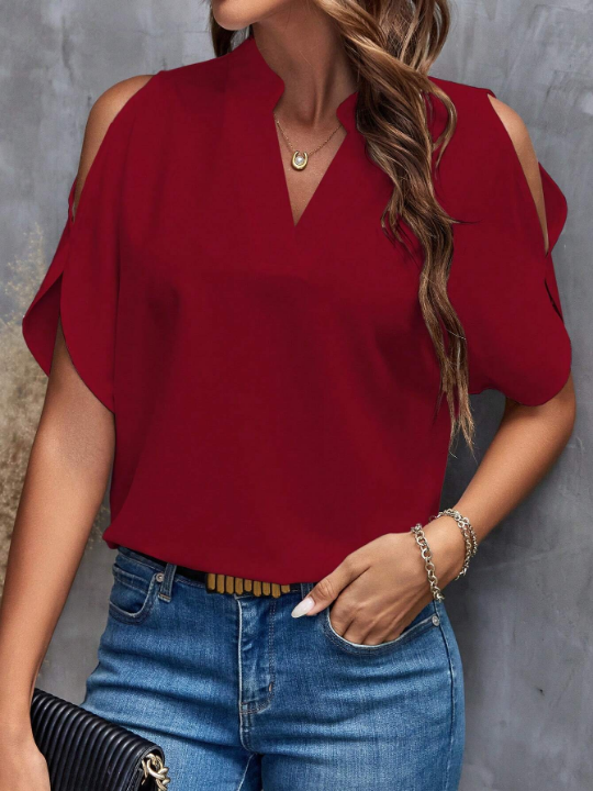 Clasi Spring Solid Cold Shoulder Popover Red Blouse