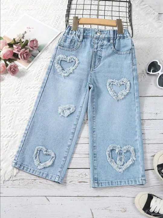 Young Girl Frayed Heart Wide Leg Jeans