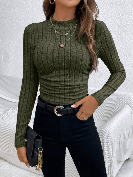 Frenchy Mock Neck Ruched Side Ribbed Knit Tee