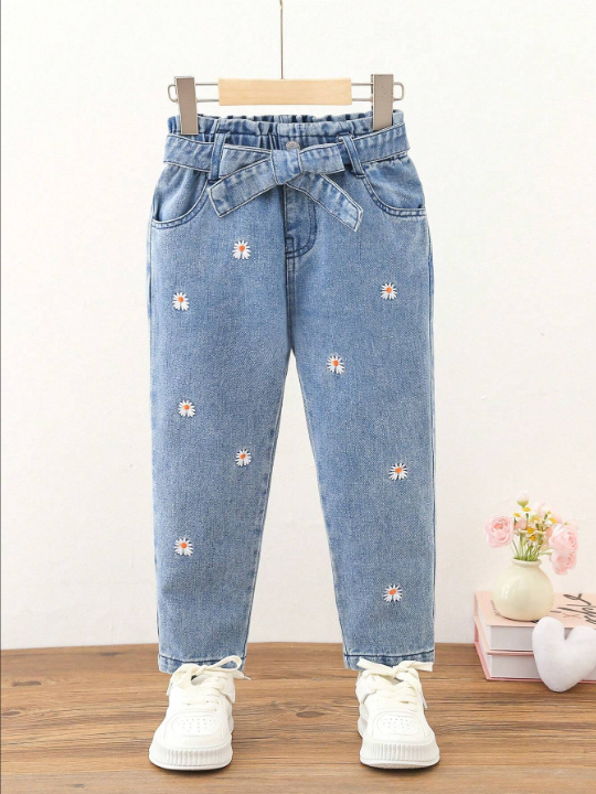 Young Girl Floral Embroidery Paperbag Waist Belted Jeans