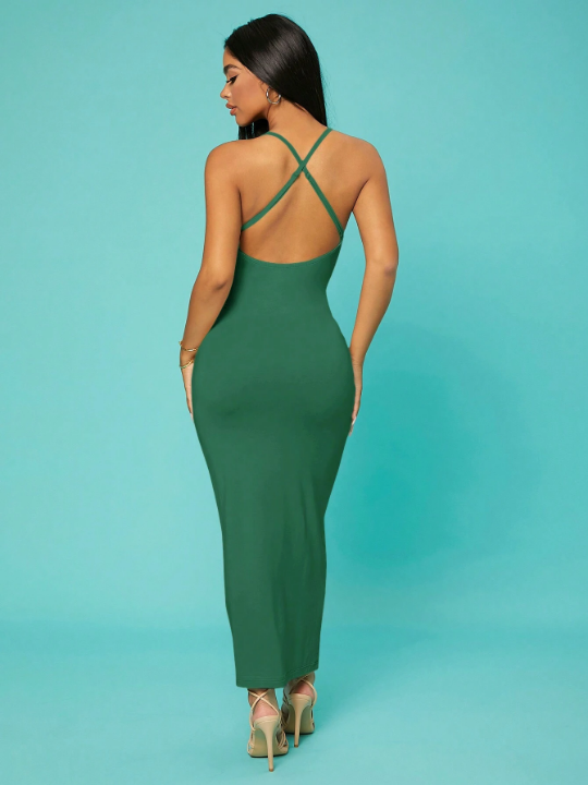 Solid Criss Cross Backless Cami Bodycon Dress