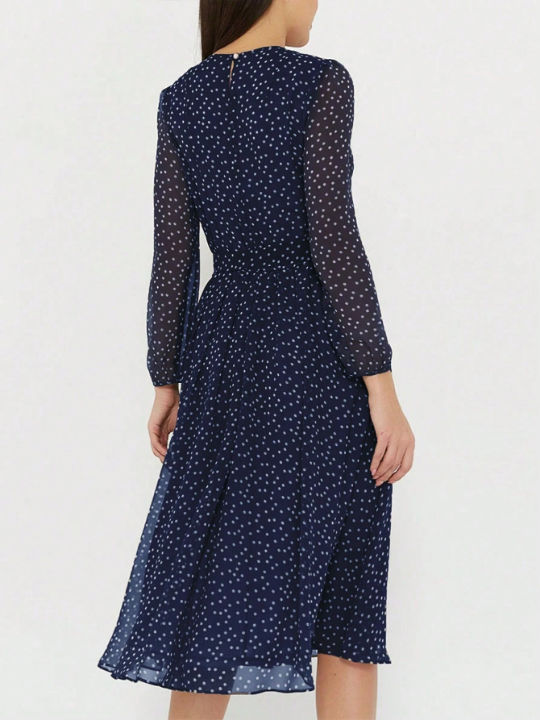 Polka Dot Print Lantern Sleeve Belted Dress