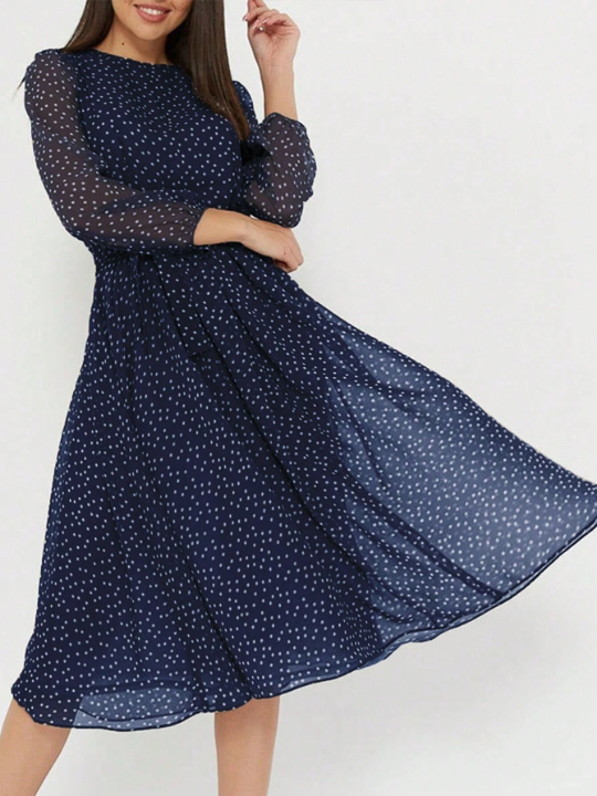 Polka Dot Print Lantern Sleeve Belted Dress