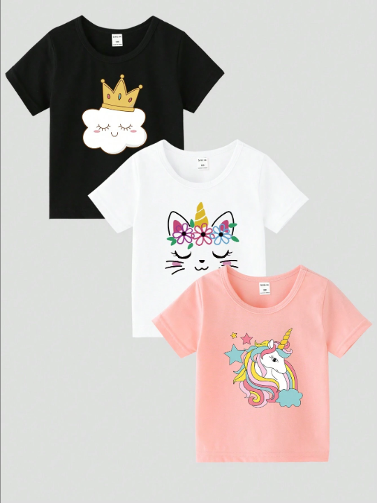 SHEIN Young Girl 3 Pack Cartoon Graphic Tee