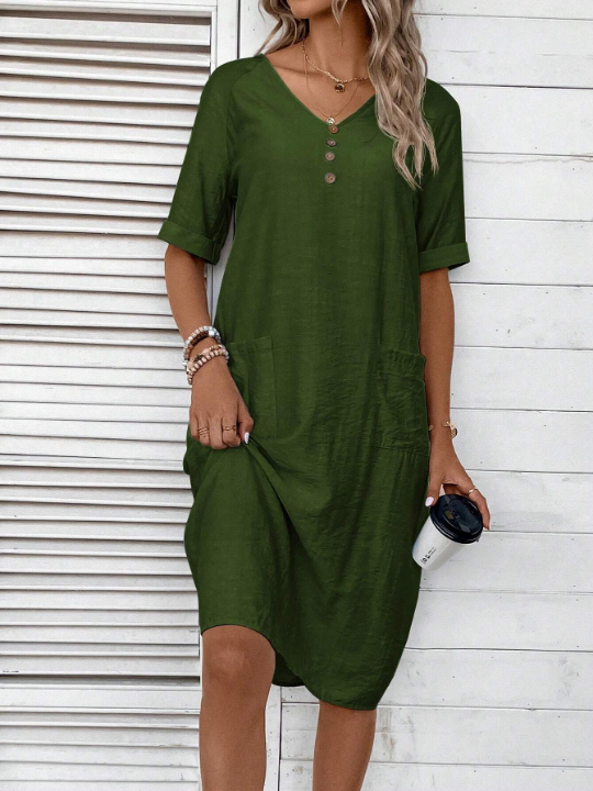 LUNE Solid Button Detail Dual Pocket Tunic Dress