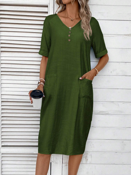 LUNE Solid Button Detail Dual Pocket Tunic Dress