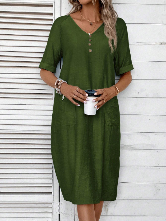 LUNE Solid Button Detail Dual Pocket Tunic Dress