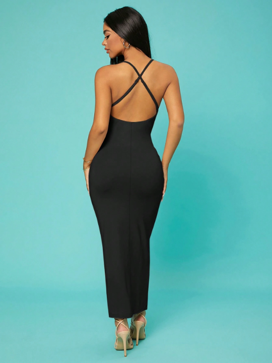 Solid Criss Cross Backless Cami Dress