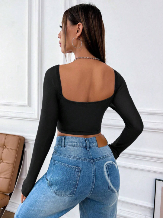 Square Neck Asymmetrical Hem Crop Tee