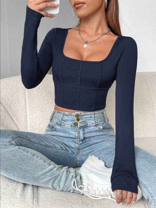 EZwear Women's Sexy Long Sleeve Crop Top Seamless Square Neck Trendy T Shirt Tops
