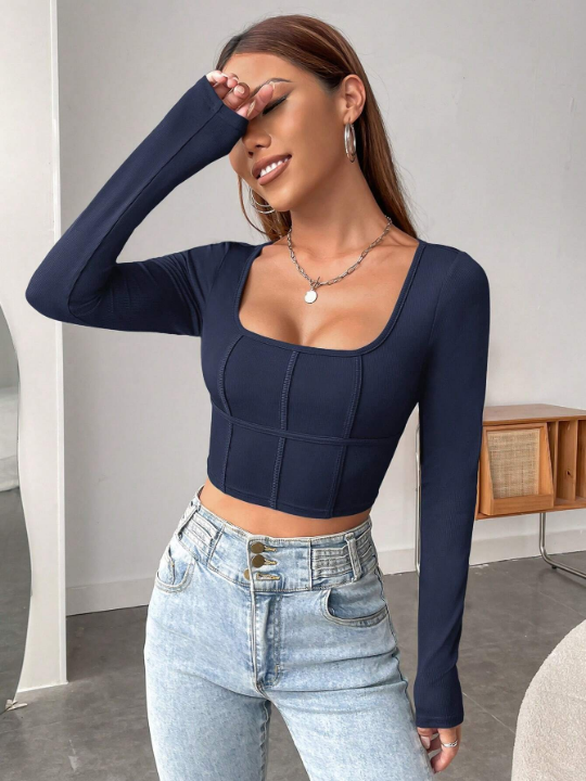 EZwear Women's Sexy Long Sleeve Crop Top Seamless Square Neck Trendy T Shirt Tops