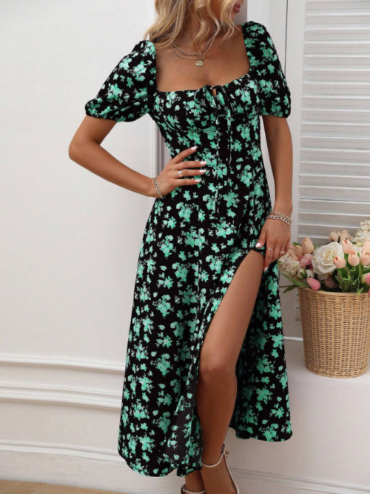 VCAY Allover Floral Print Knot Front Split Thigh Dress