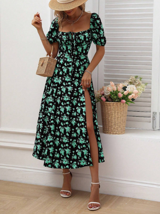 VCAY Allover Floral Print Knot Front Split Thigh Dress