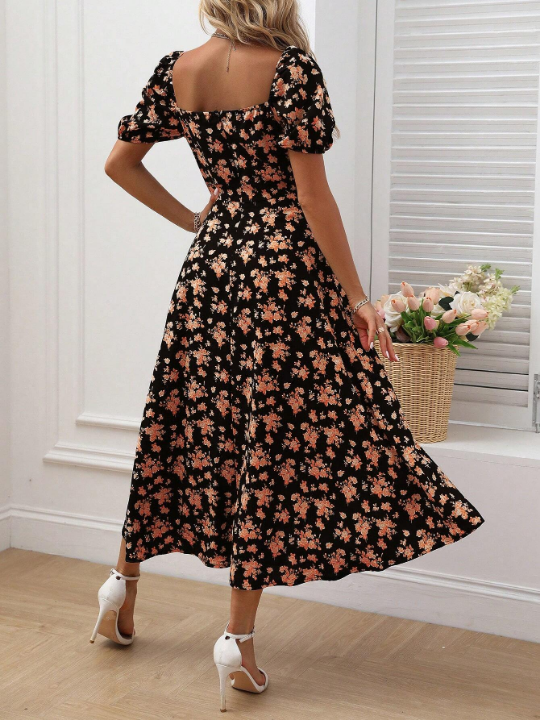 VCAY Allover Floral Print Knot Front Split Thigh Dress