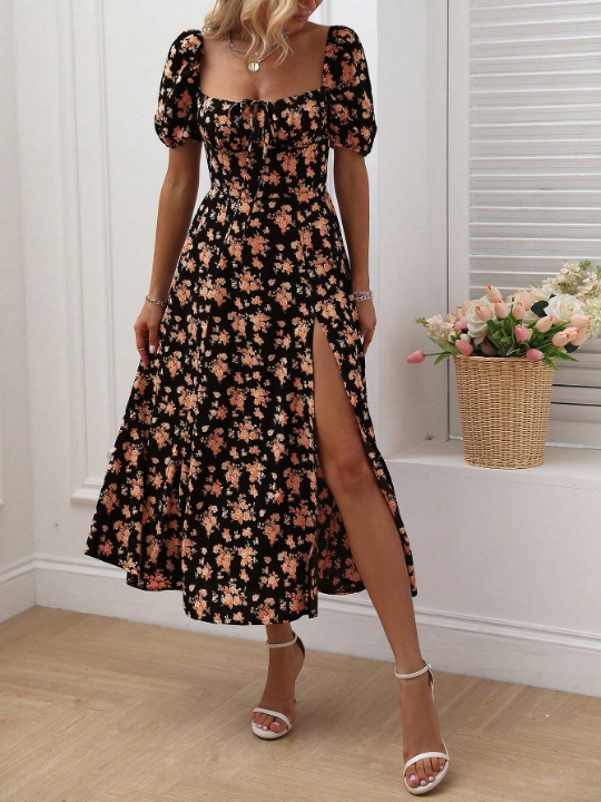 VCAY Allover Floral Print Knot Front Split Thigh Dress