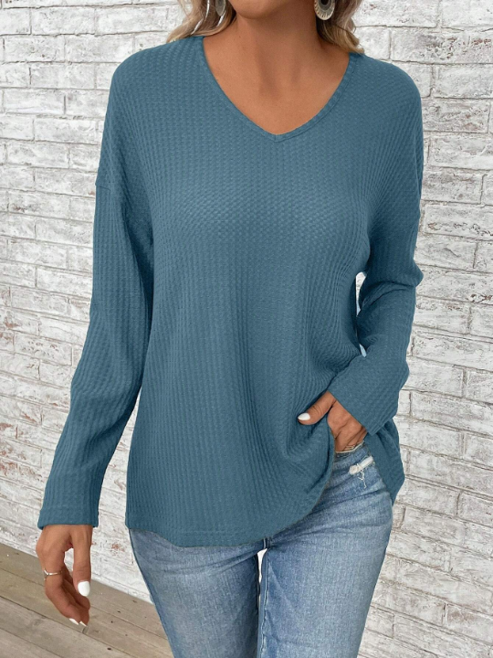 EMERY ROSE Spring Solid V Neck Drop Shoulder Waffle Knit Tee