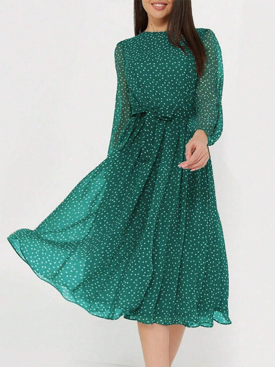 Polka Dot Print Lantern Sleeve Belted Dress