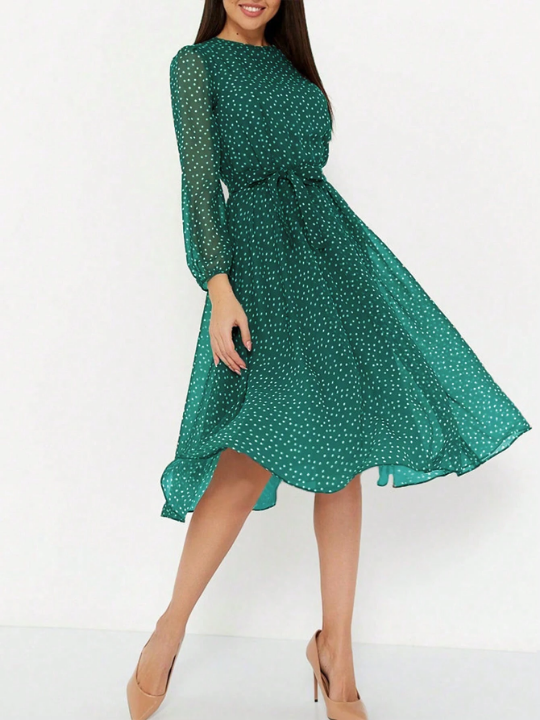 Polka Dot Print Lantern Sleeve Belted Dress