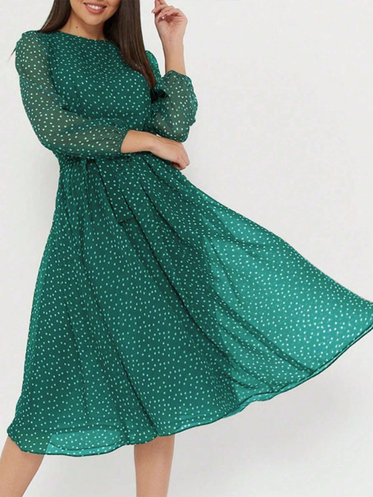 Polka Dot Print Lantern Sleeve Belted Dress