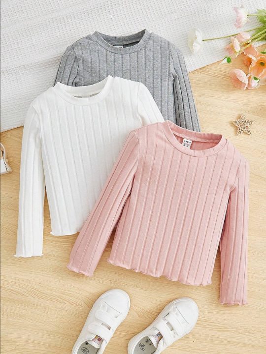 Young Girl 3pcs Ribbed Knit Lettuce Trim Tee