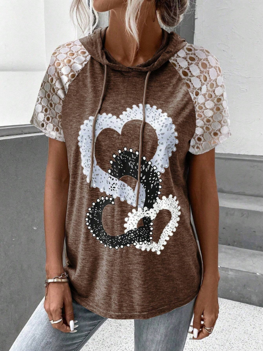 LUNE Heart Pattern Short Sleeve Hoodie