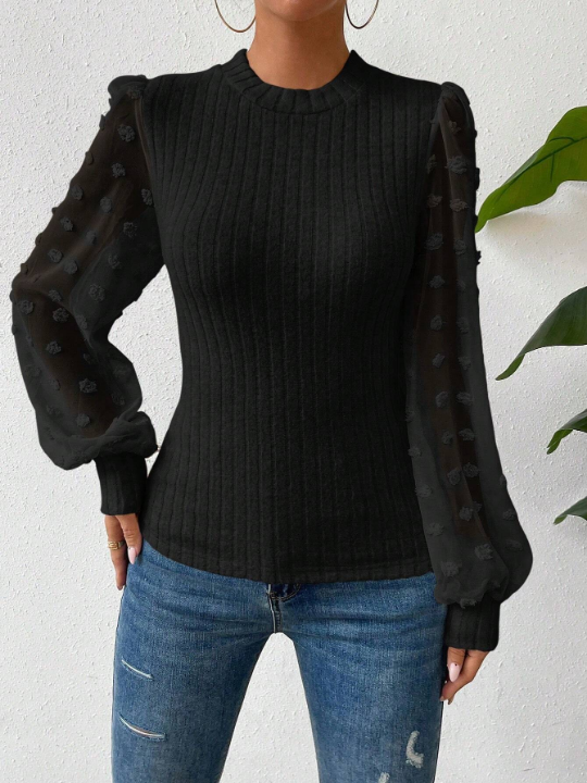 Essnce Swiss Dot Lantern Sleeve Ribbed Knit Top