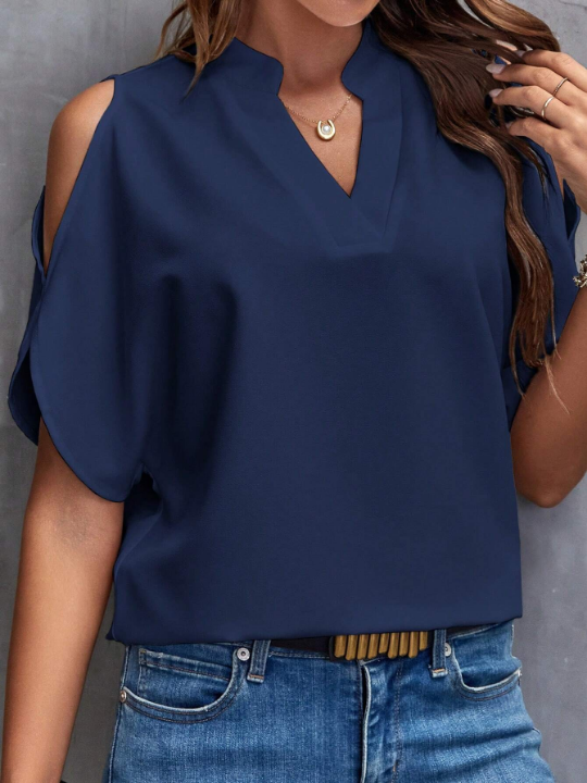 Clasi Solid Cold Shoulder Batwing Sleeve Popover Blouse