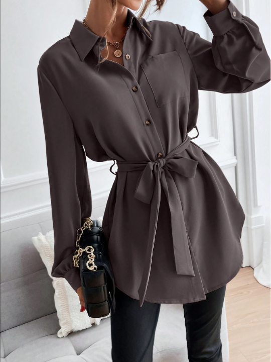 LUNE Solid Button Front Belted Shirt Dress