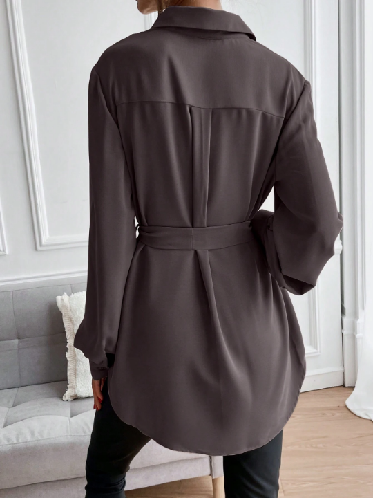 LUNE Solid Button Front Belted Shirt Dress