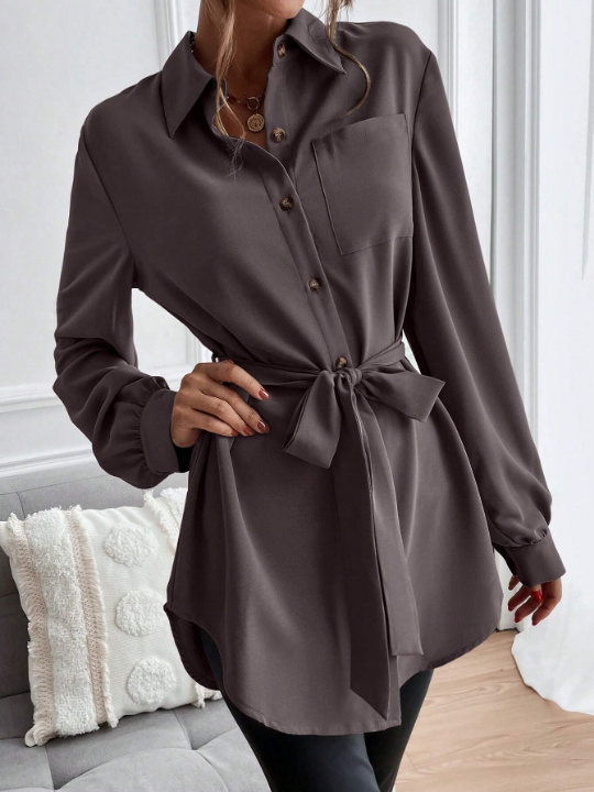 LUNE Solid Button Front Belted Shirt Dress