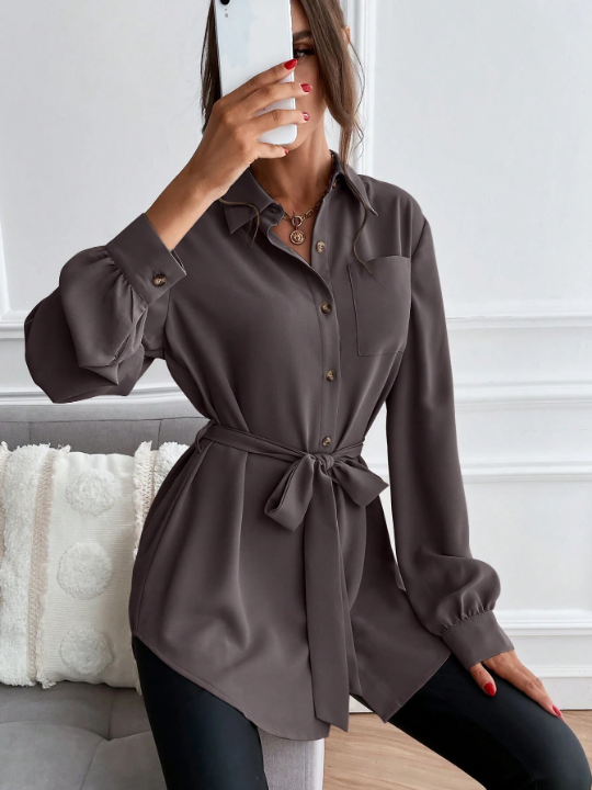 LUNE Solid Button Front Belted Shirt Dress