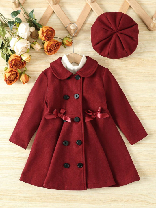 Young Girl Double Breasted Bow Front Peter Pan Collar Overcoat & Hat Without Sweater