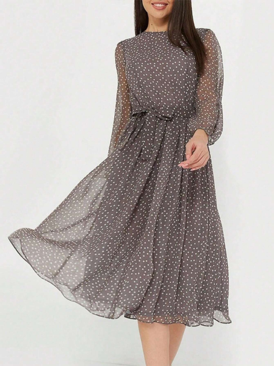 Polka Dot Printed Lantern Sleeve Belted Dress