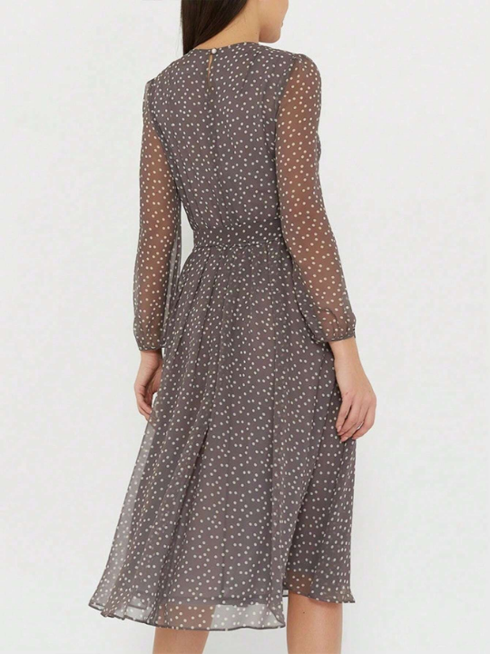 Polka Dot Printed Lantern Sleeve Belted Dress