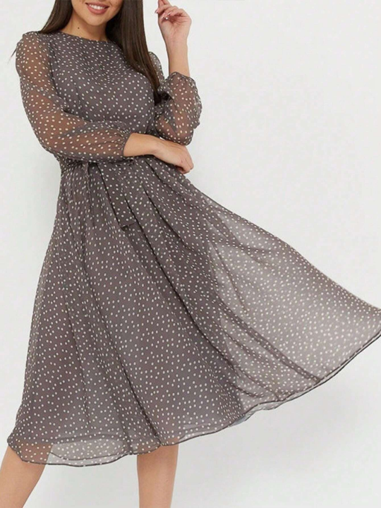 Polka Dot Printed Lantern Sleeve Belted Dress