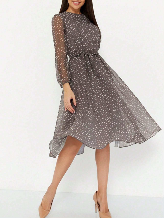 Polka Dot Printed Lantern Sleeve Belted Dress