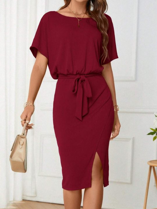 Clasi Solid Batwing Sleeve Belted Split Thigh Dress