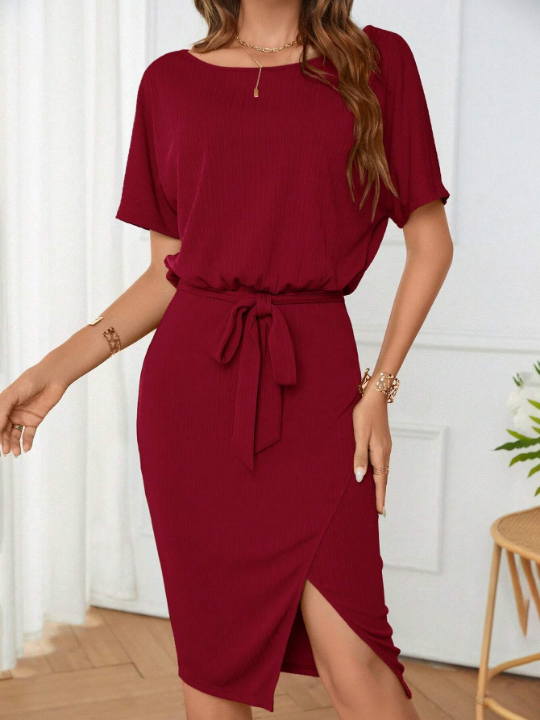 Clasi Solid Batwing Sleeve Belted Split Thigh Dress