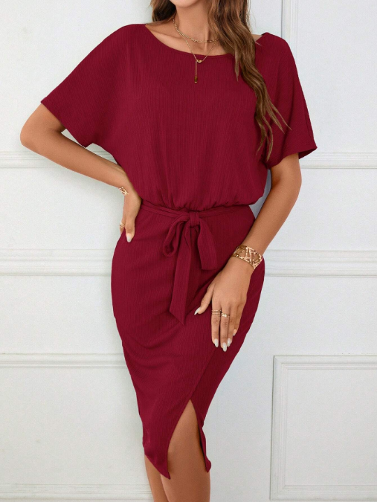 Clasi Solid Batwing Sleeve Belted Split Thigh Dress