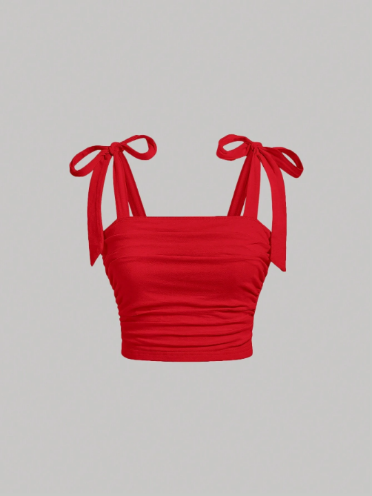 MOD Red Summer Bow-Knot Tie Shoulder Ruched Cami Top