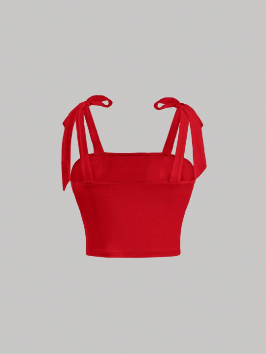 MOD Red Summer Bow-Knot Tie Shoulder Ruched Cami Top