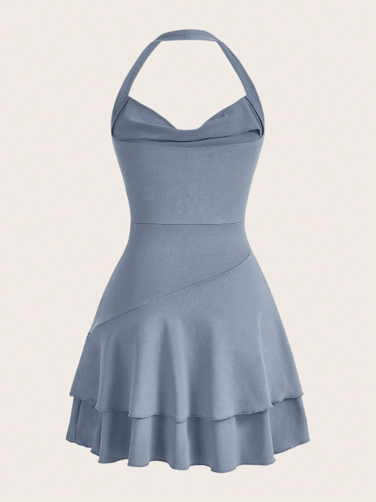 MOD Summer Going Out Blue Women's Draped Front Ruffle Hem Halter Neck Backless Dress