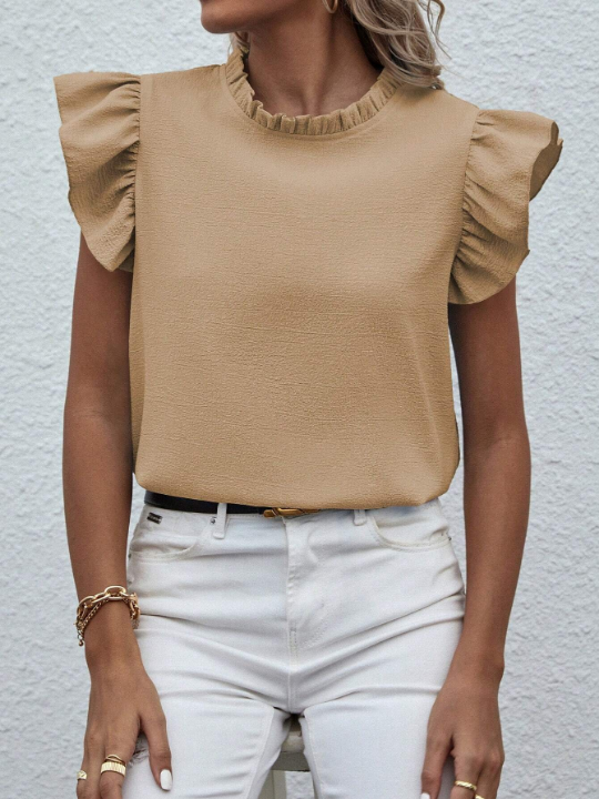 Plain Color Short Sleeve Shirt With Ruffle Trim