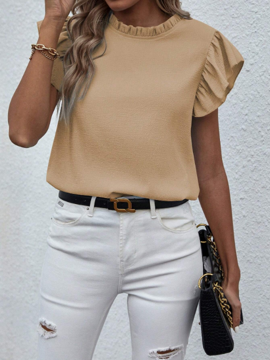 Plain Color Short Sleeve Shirt With Ruffle Trim