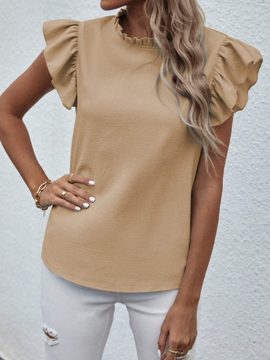 Plain Color Short Sleeve Shirt With Ruffle Trim