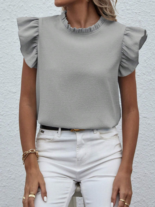 Solid Color Short Sleeve Shirt With Frill Edges